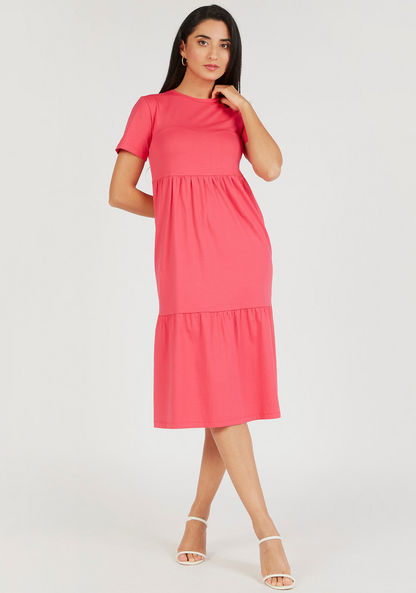 Solid Crew Neck Midi A-line Dress with Short Sleeves-Dresses-image-1