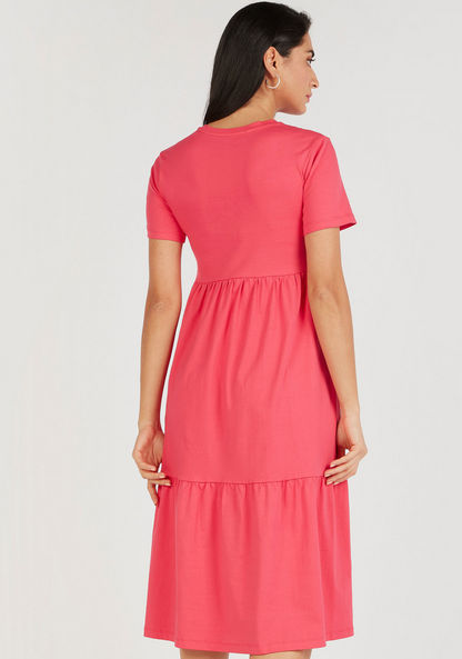 Solid Crew Neck Midi A-line Dress with Short Sleeves-Dresses-image-3