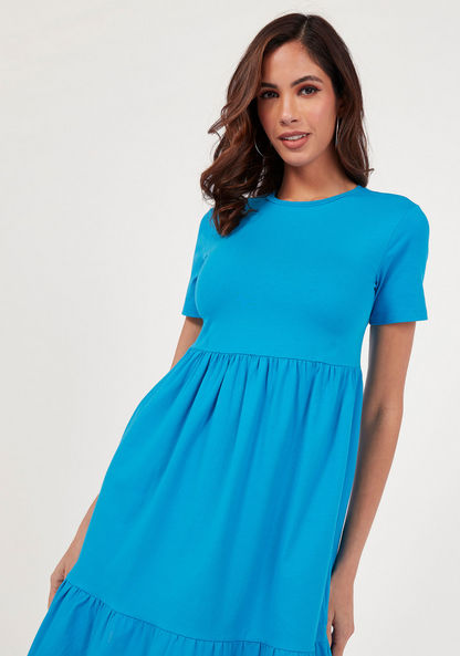 Solid Crew Neck Midi A-line Dress with Short Sleeves-Dresses-image-1