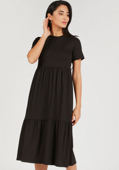 Solid Crew Neck Midi A-line Dress with Short Sleeves-Dresses-image-0