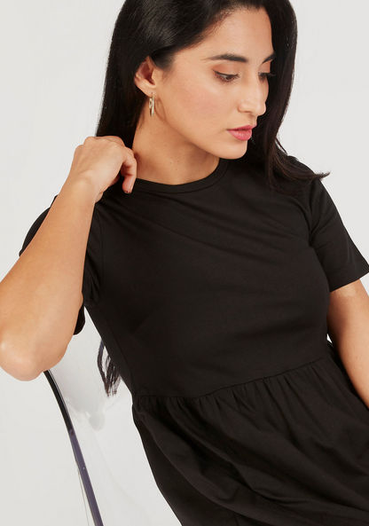 Solid Crew Neck Midi A-line Dress with Short Sleeves-Dresses-image-2