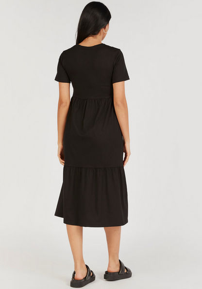 Solid Crew Neck Midi A-line Dress with Short Sleeves-Dresses-image-3