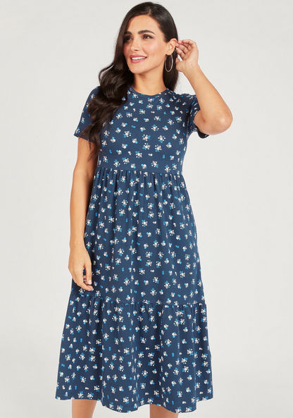 Floral Print Crew Neck Midi A-line Dress with Short Sleeves-Dresses-image-0