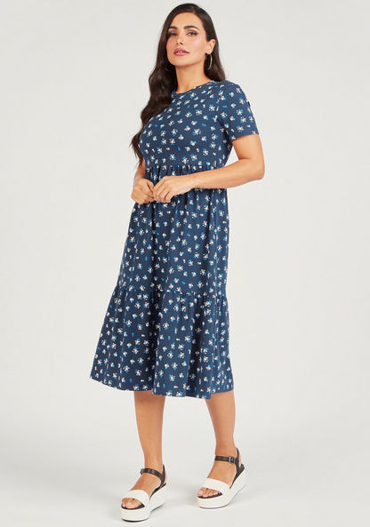 Floral Print Crew Neck Midi A-line Dress with Short Sleeves-Dresses-image-1