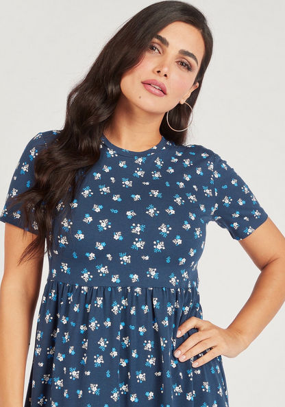 Floral Print Crew Neck Midi A-line Dress with Short Sleeves-Dresses-image-2