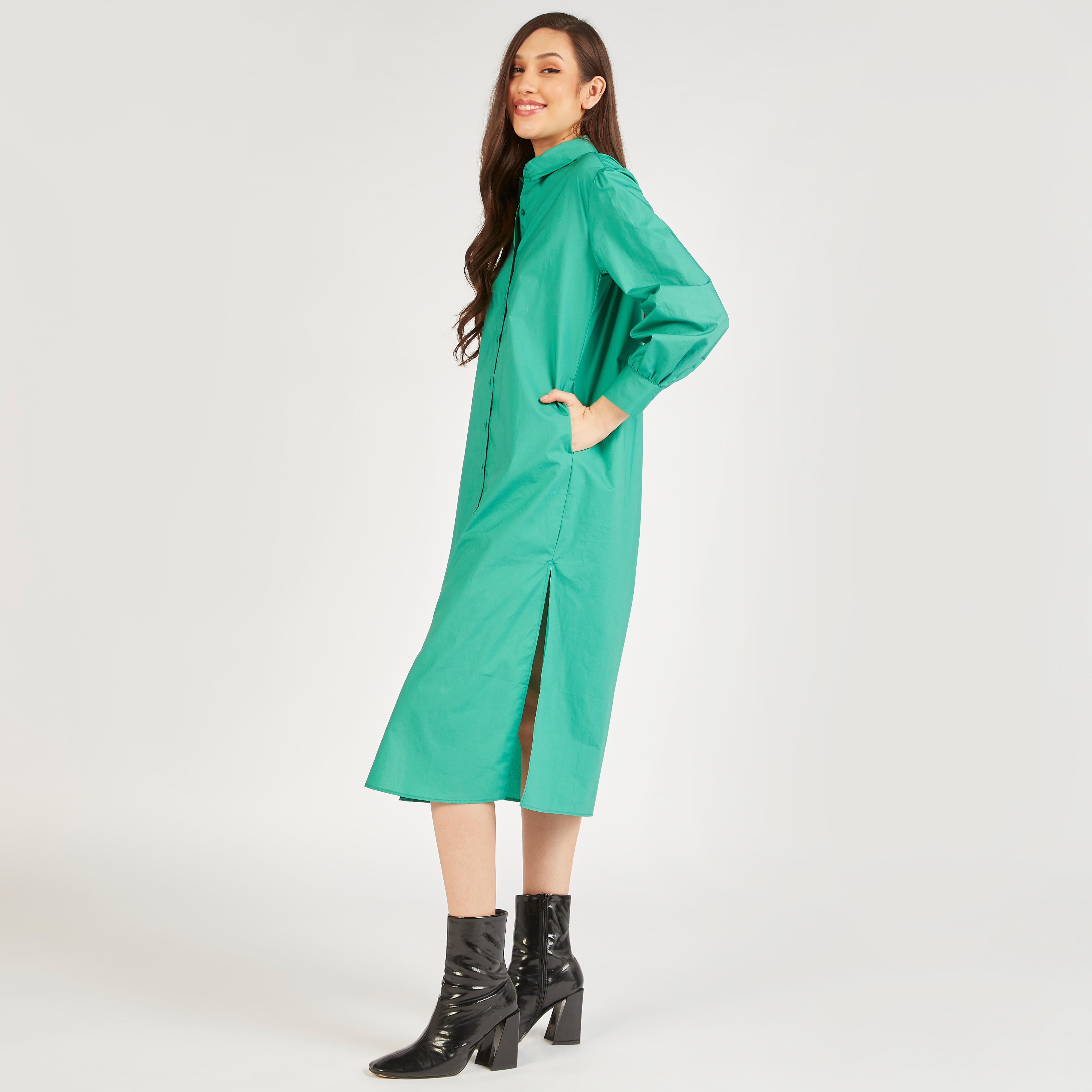 فستان قميص سادة بأكمام طويلة وجيوب-women-clothing-dresses-image-1