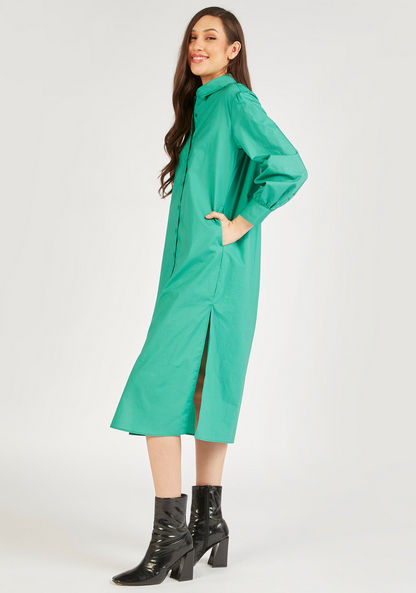 Solid Long Sleeve Shirt Dress with Slit and Pockets-Dresses-image-0