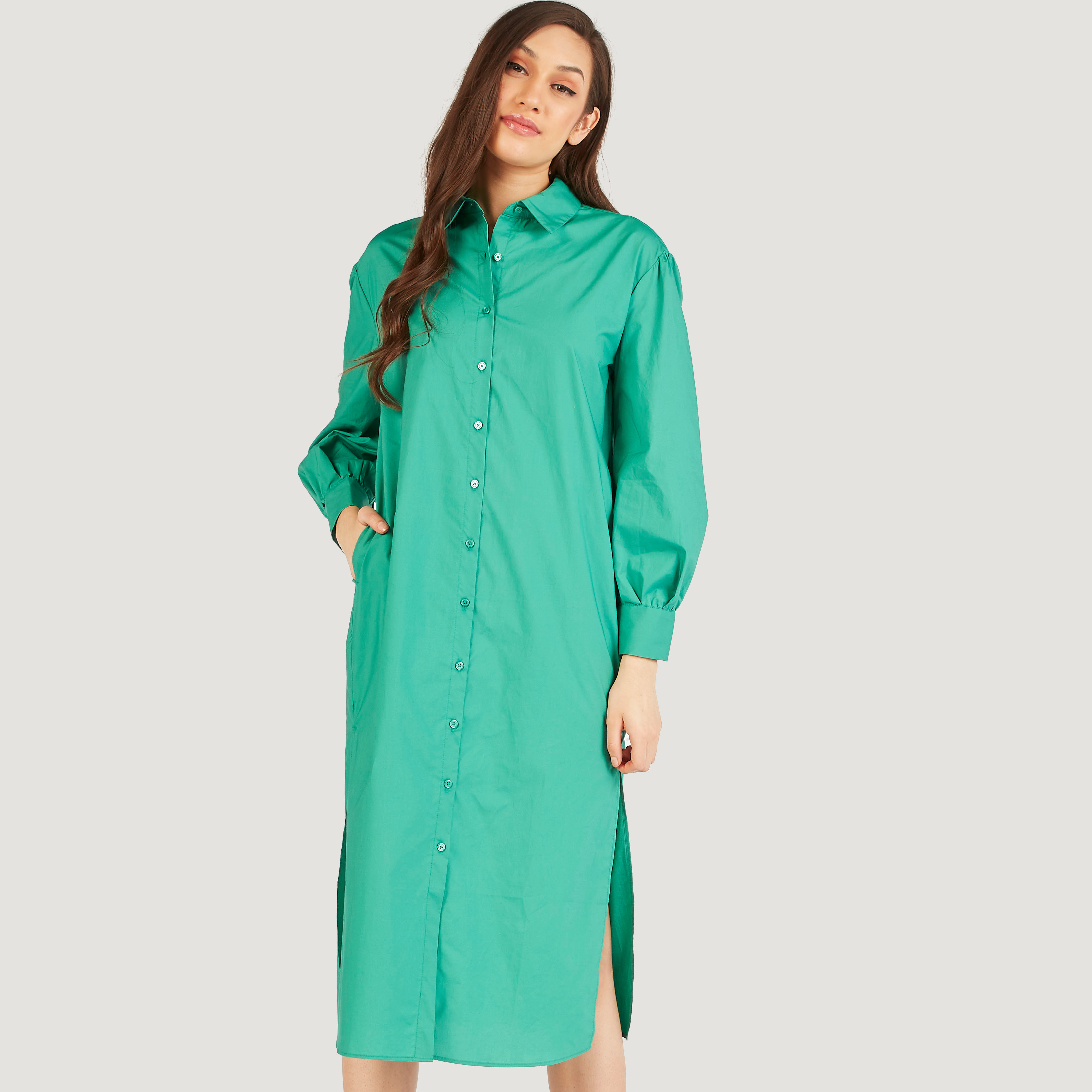 فستان قميص سادة بأكمام طويلة وجيوب-women-clothing-dresses-image-2