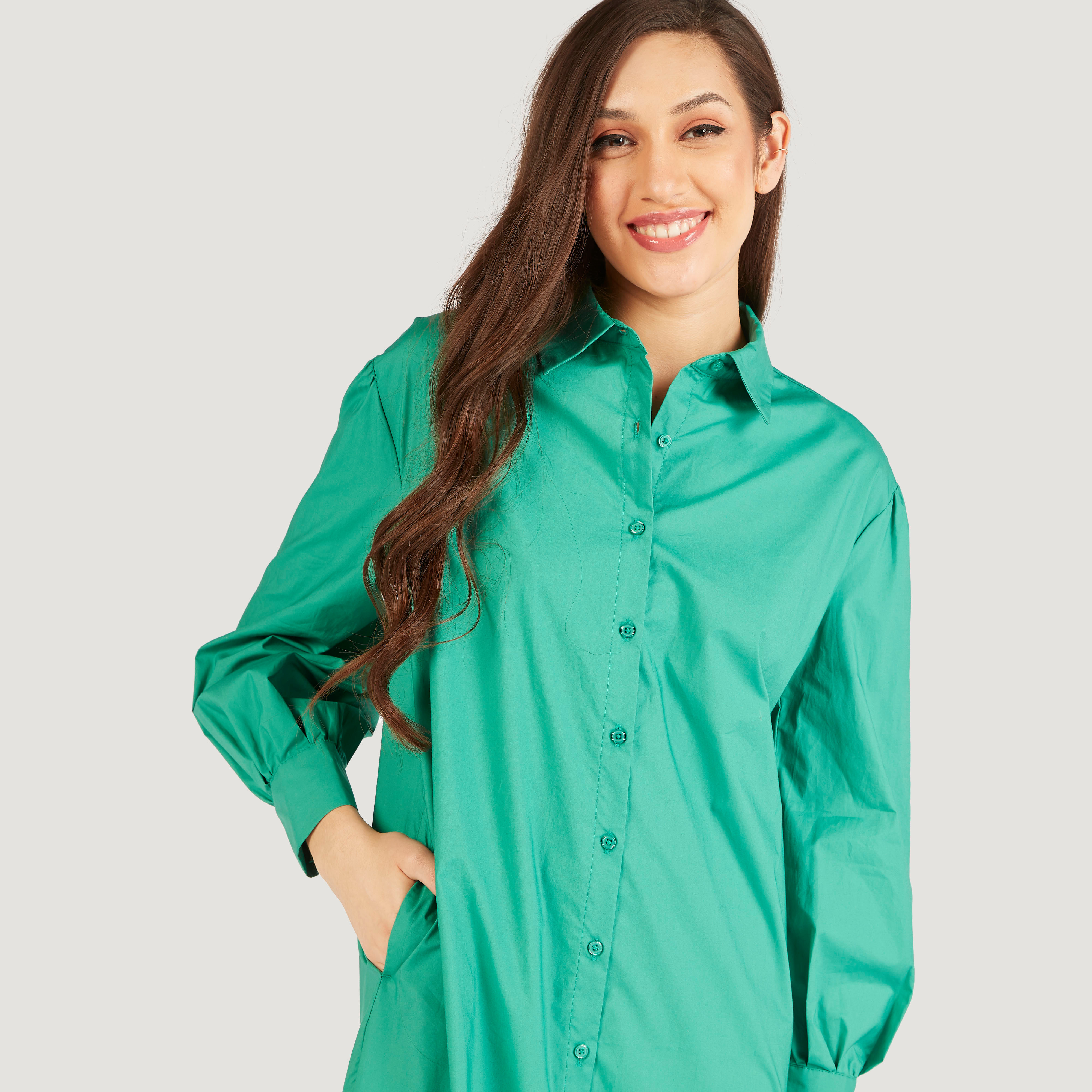 فستان قميص سادة بأكمام طويلة وجيوب-women-clothing-dresses-image-3