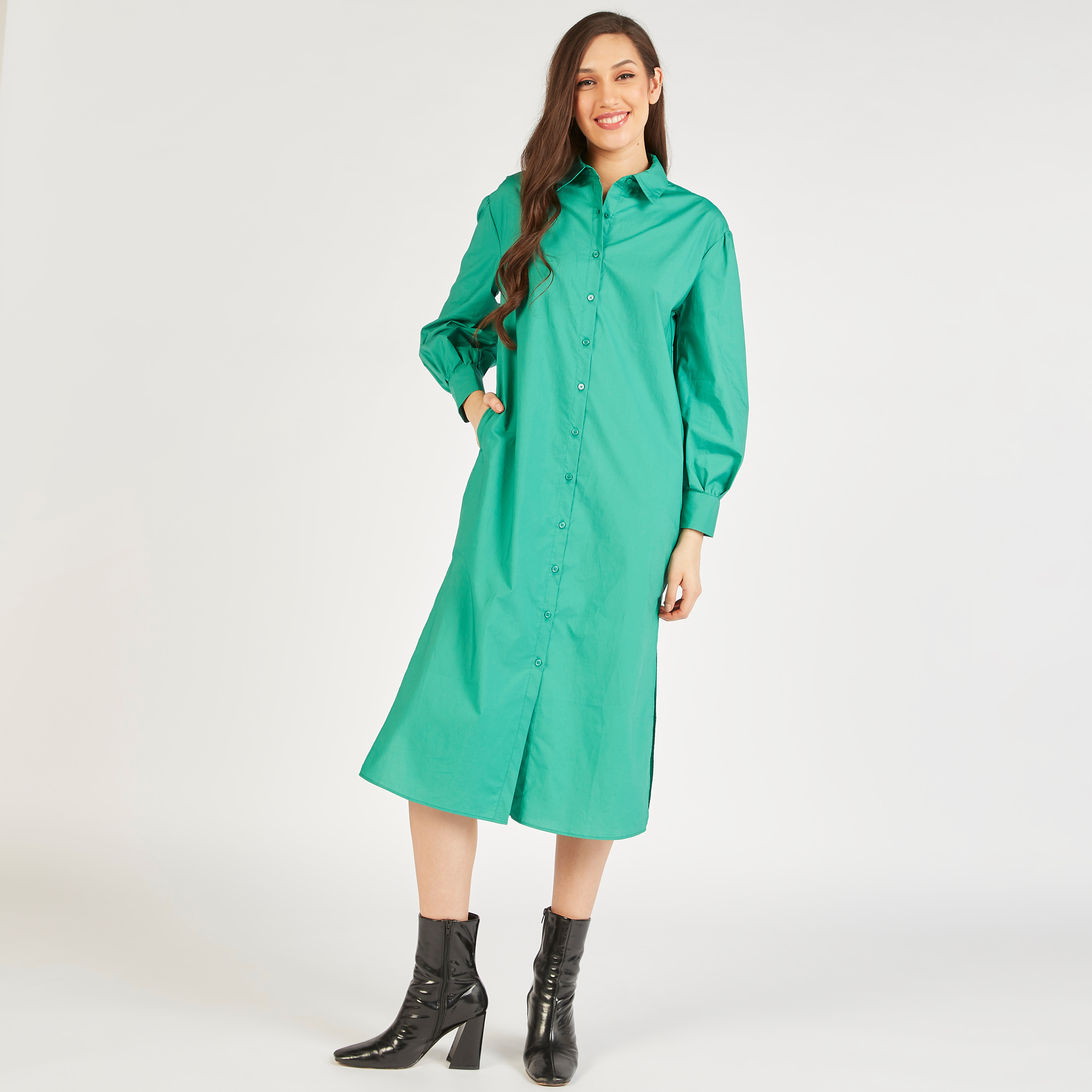 فستان قميص سادة بأكمام طويلة وجيوب-women-clothing-dresses-image-5