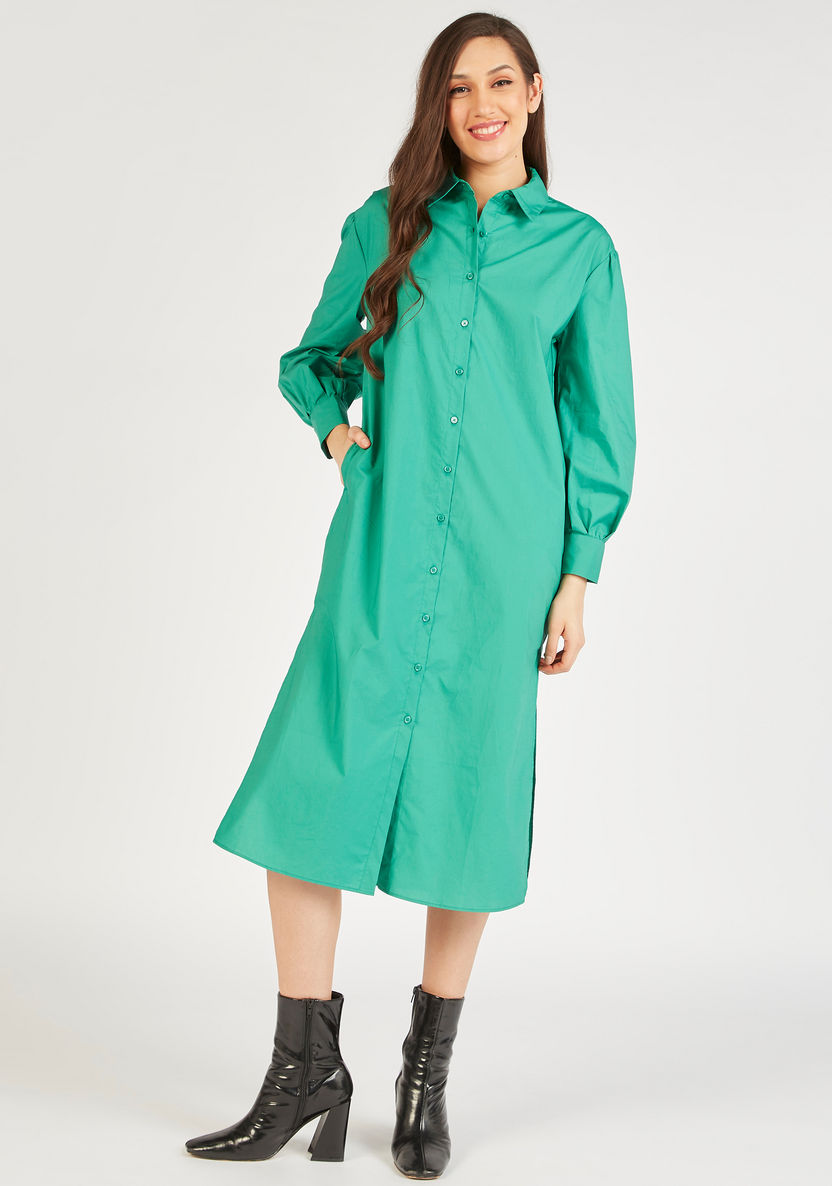 Solid Long Sleeve Shirt Dress with Slit and Pockets-Dresses-image-4