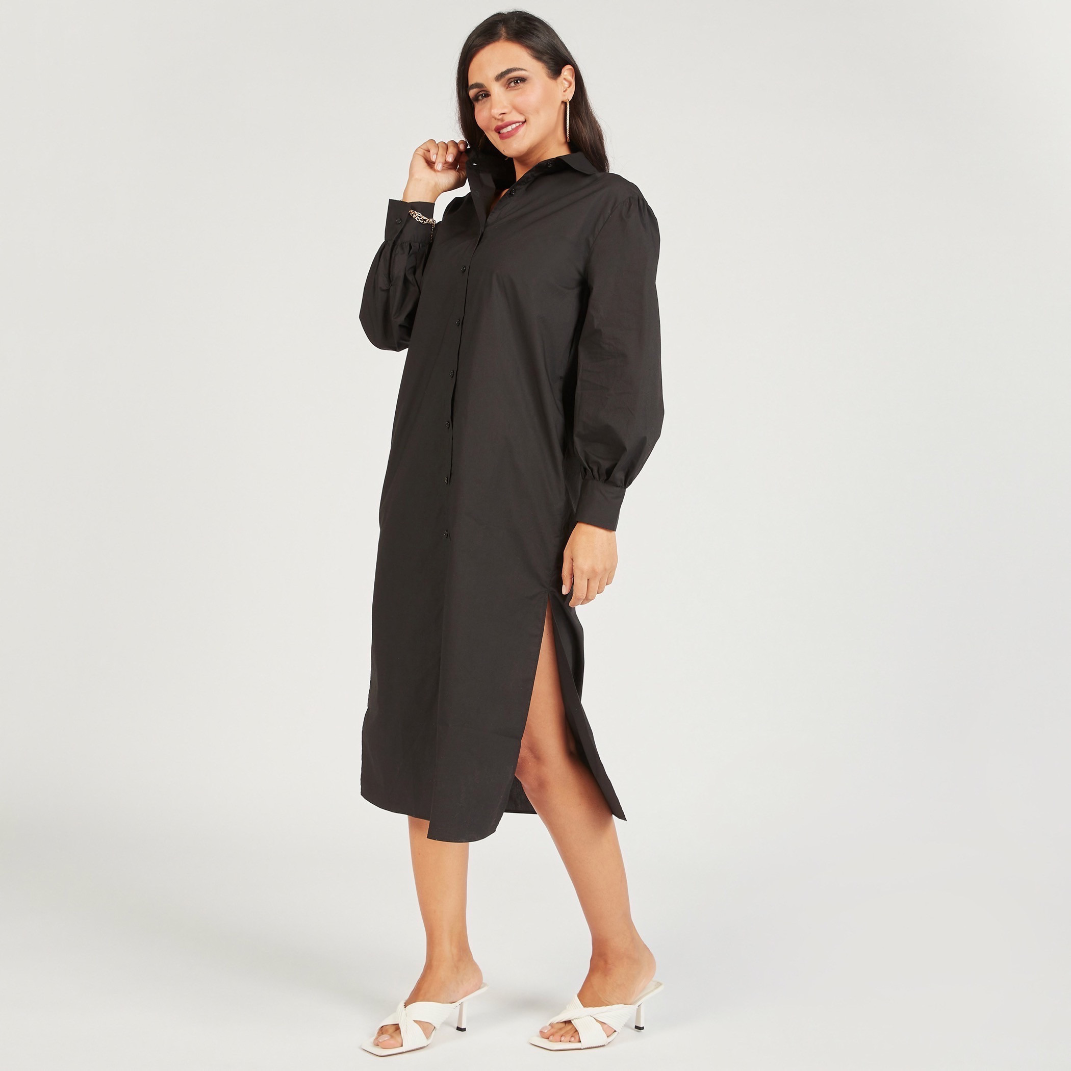 فستان قميص سادة بأكمام طويلة وجيوب-women-clothing-dresses-image-6
