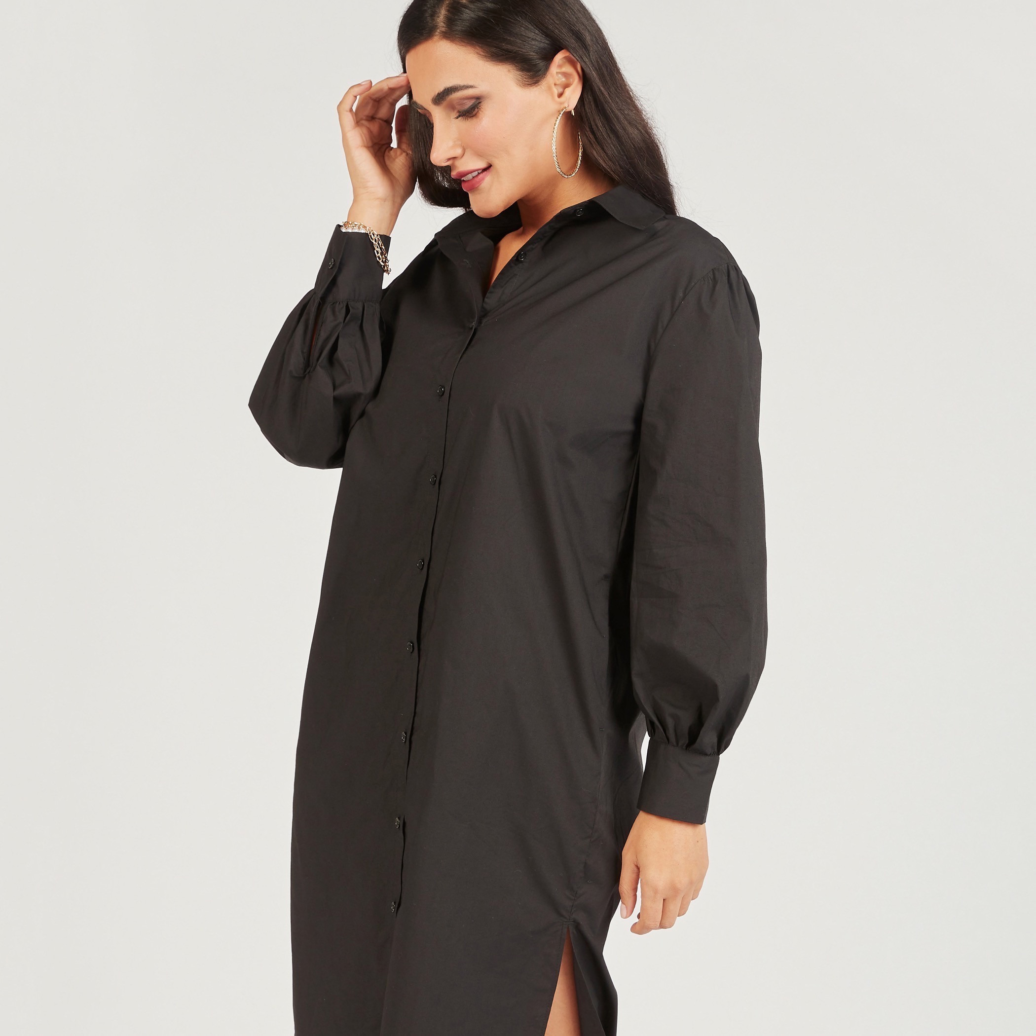 فستان قميص سادة بأكمام طويلة وجيوب-women-clothing-dresses-image-7