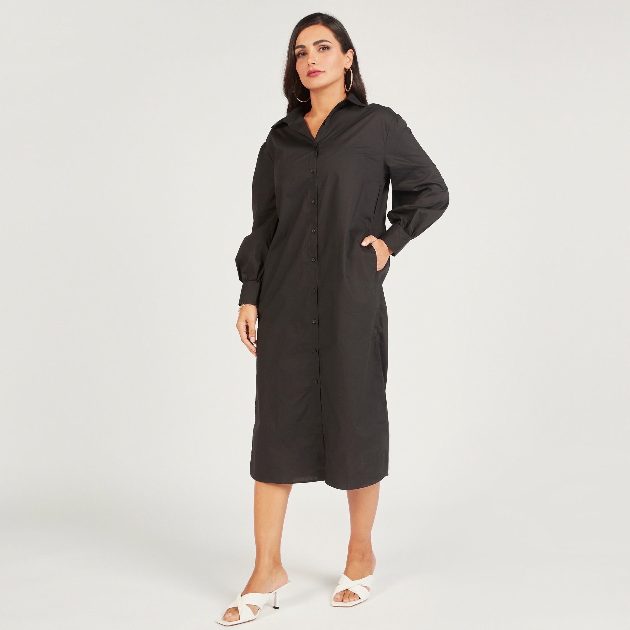 فستان قميص سادة بأكمام طويلة وجيوب-women-clothing-dresses-image-9