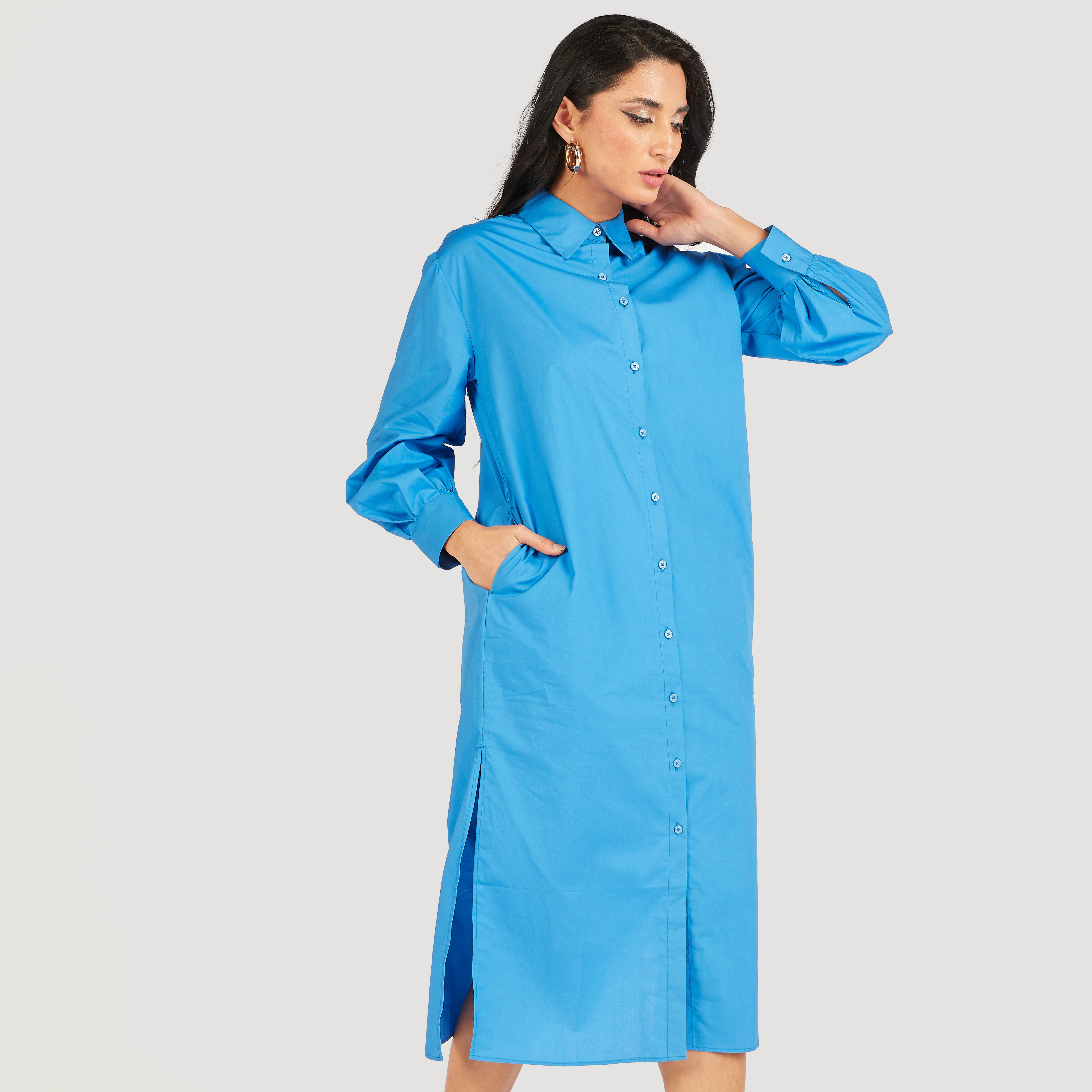 فستان قميص سادة بأكمام طويلة وجيوب-women-clothing-dresses-image-11