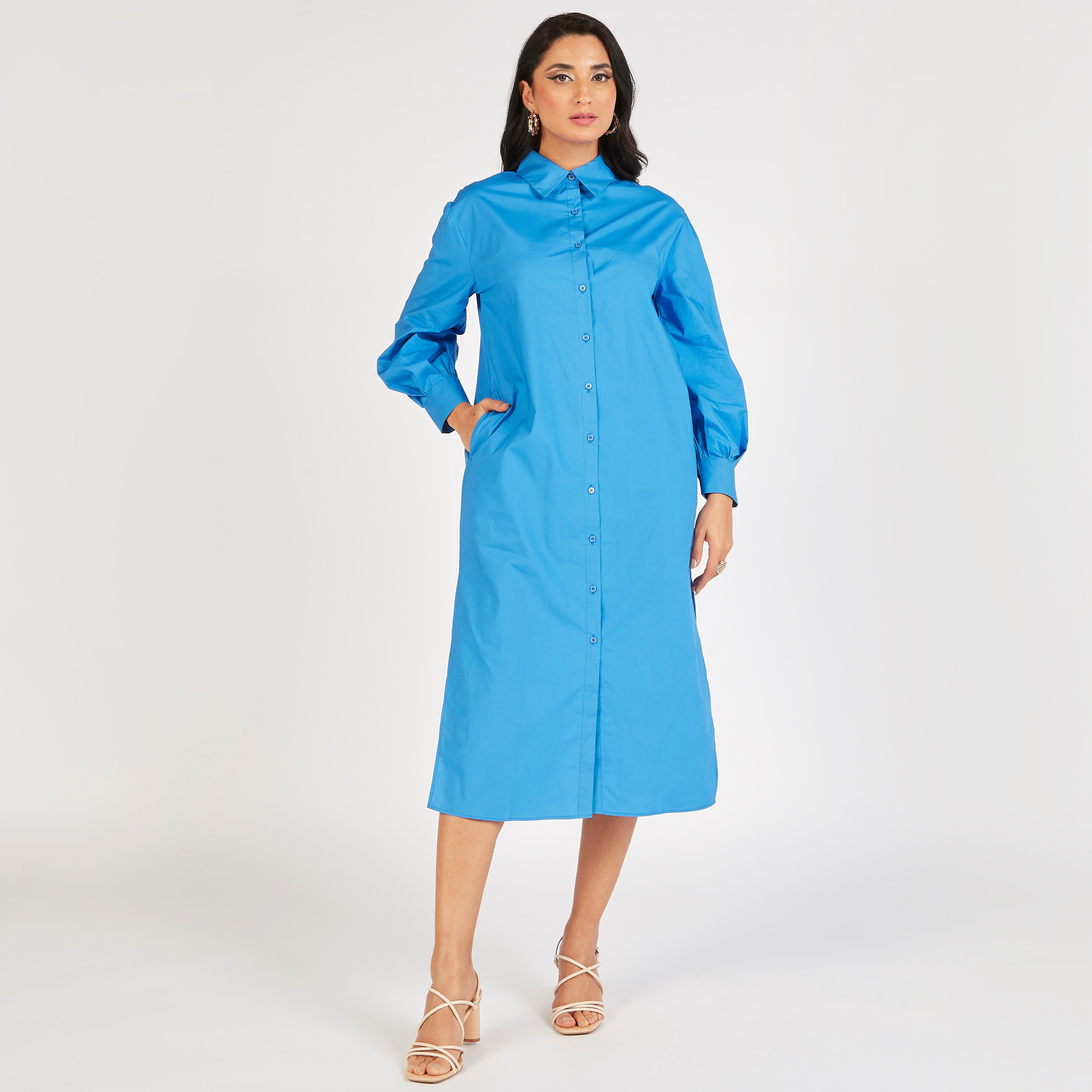 فستان قميص سادة بأكمام طويلة وجيوب-women-clothing-dresses-image-12