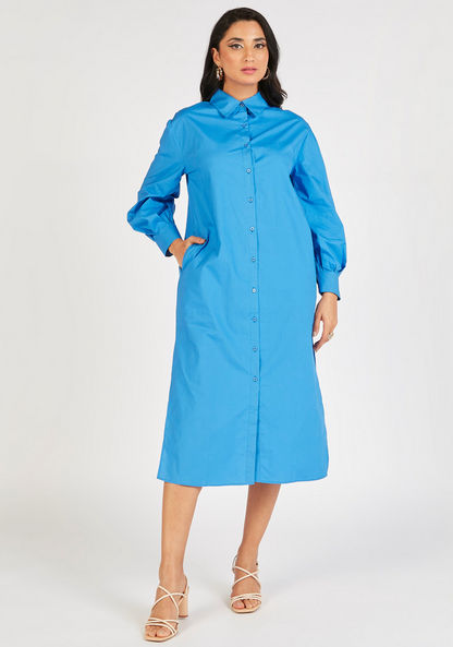 Solid Long Sleeve Shirt Dress with Slit and Pockets-Dresses-image-1