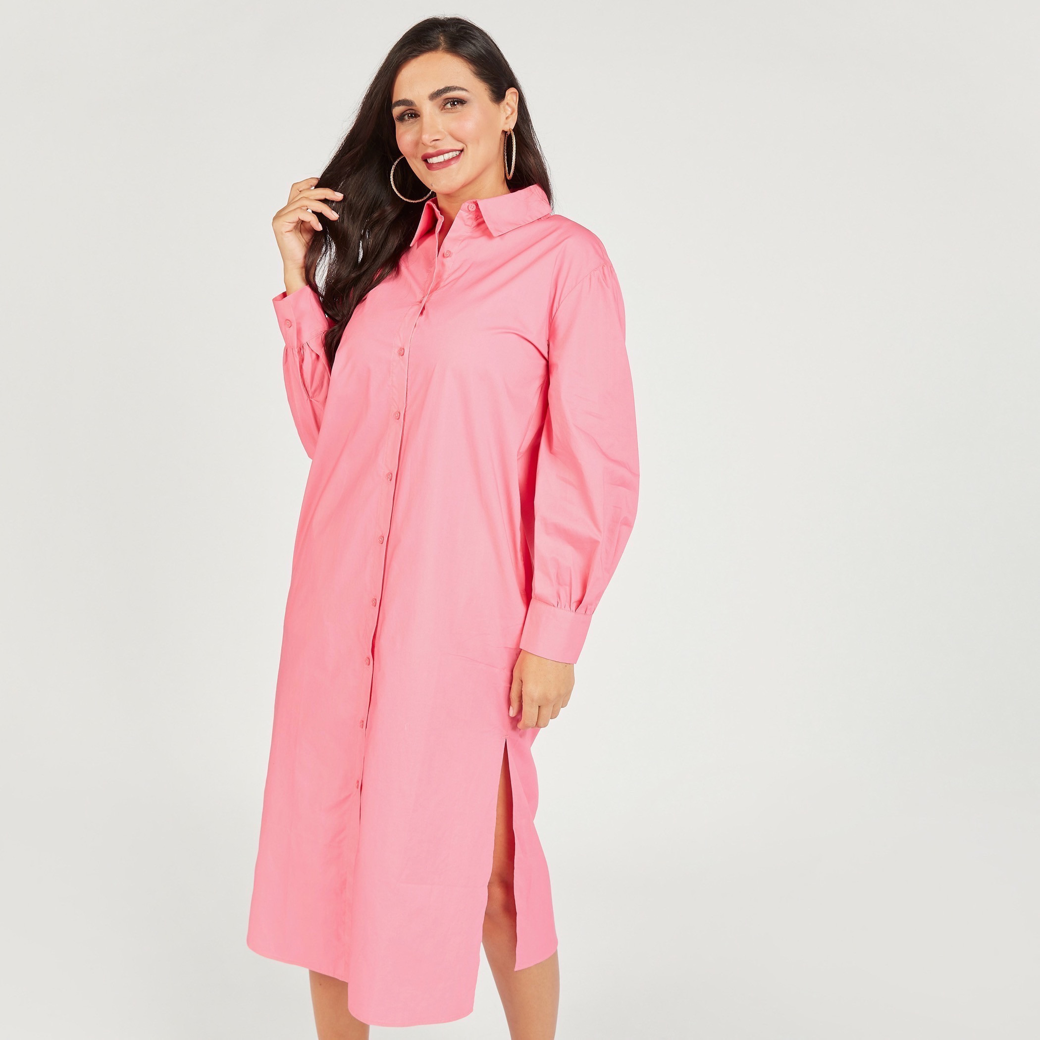 فستان قميص سادة بأكمام طويلة وجيوب-women-clothing-dresses-image-15