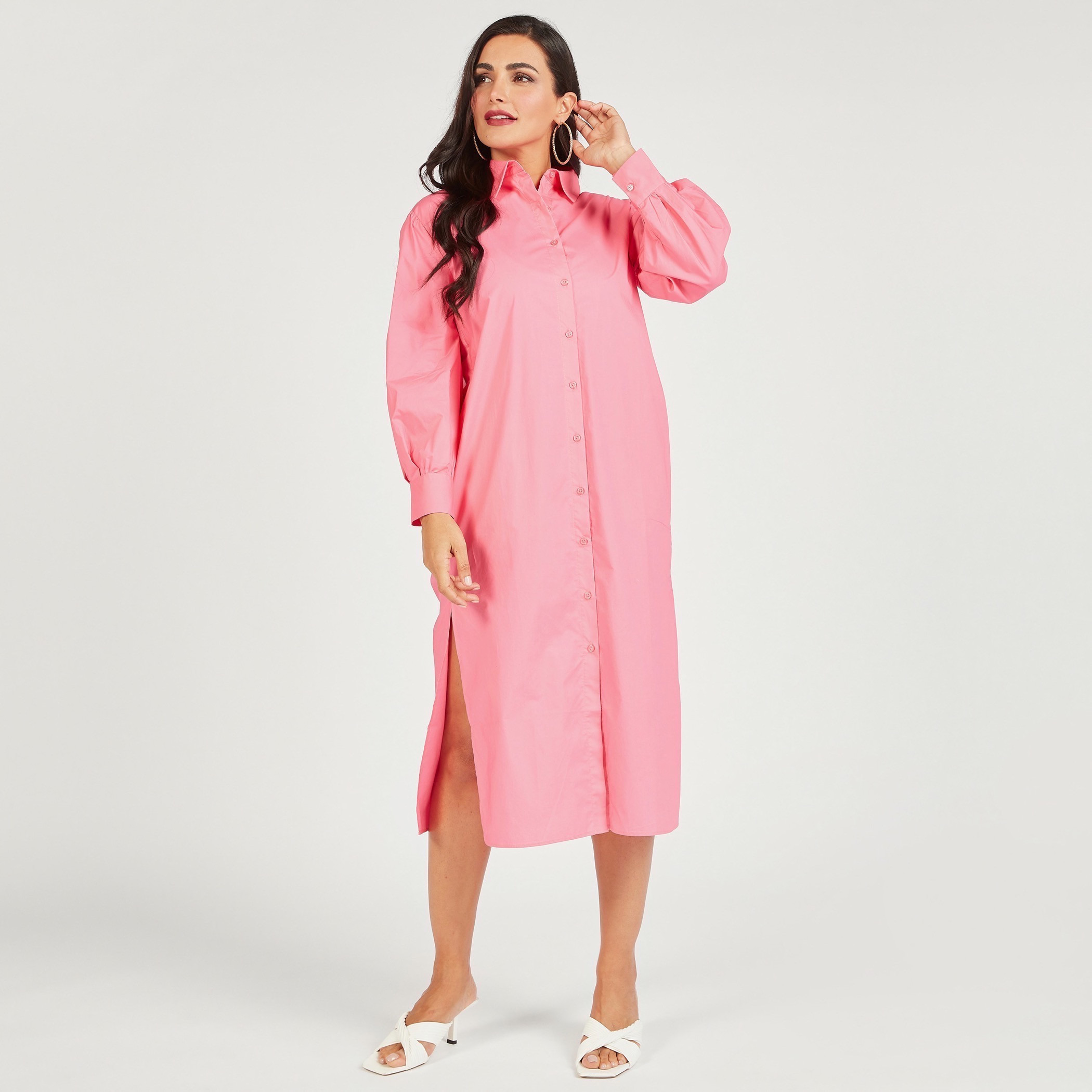 فستان قميص سادة بأكمام طويلة وجيوب-women-clothing-dresses-image-16