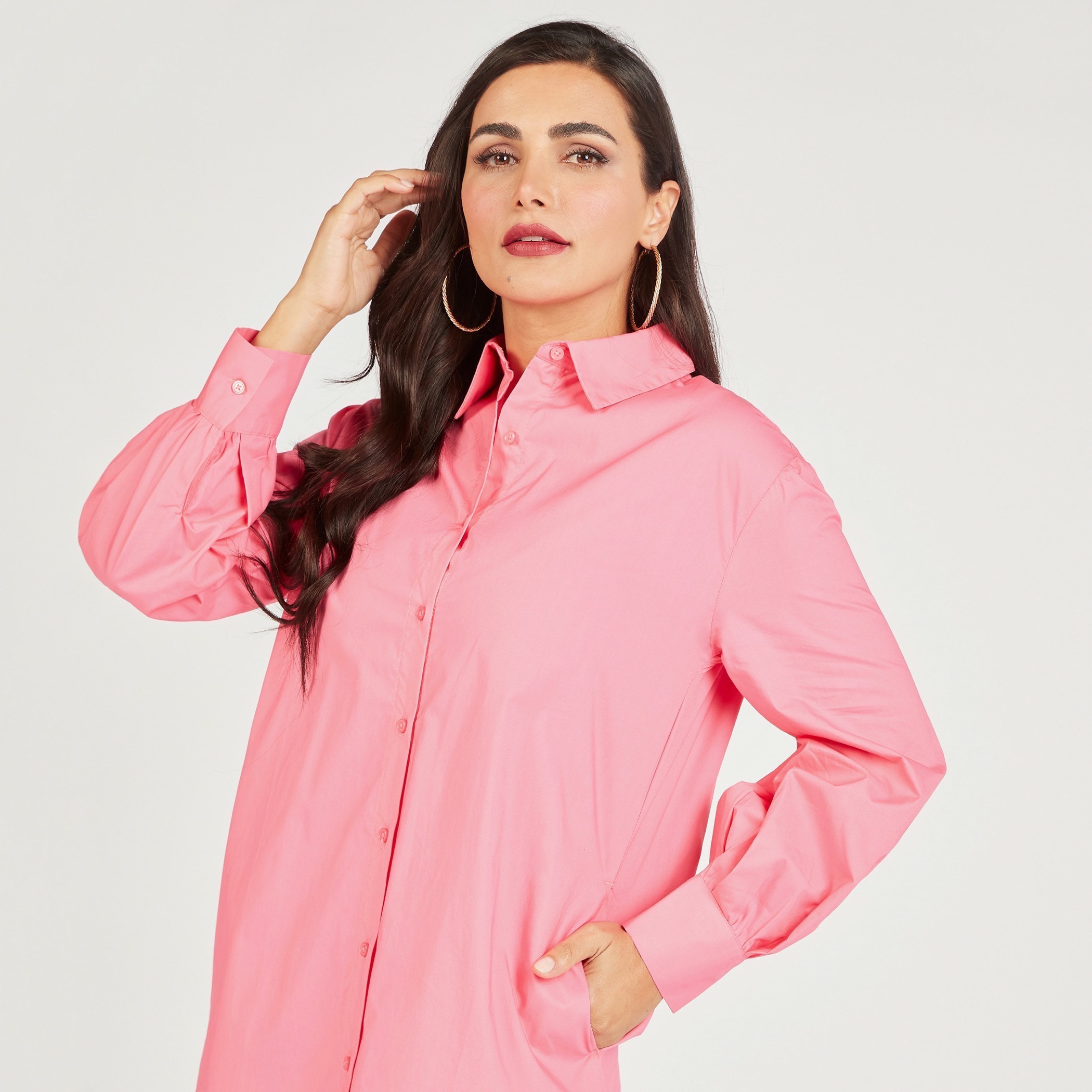 فستان قميص سادة بأكمام طويلة وجيوب-women-clothing-dresses-image-17