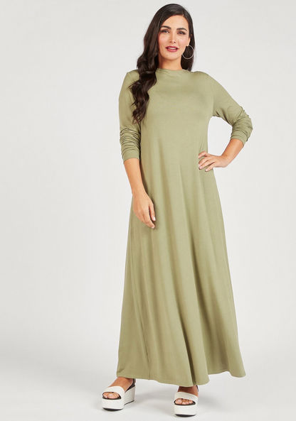 Solid Maxi A-line Dress with Crew Neck and Long Sleeves-Dresses-image-0