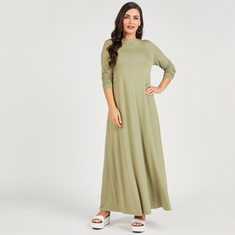 Solid Maxi A-line Dress with Crew Neck and Long Sleeves