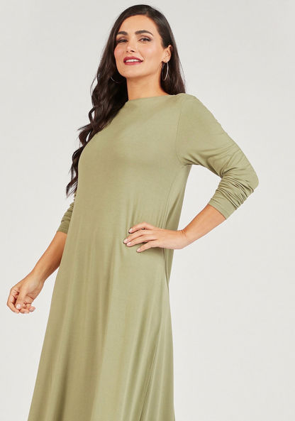 Solid Maxi A-line Dress with Crew Neck and Long Sleeves-Dresses-image-1