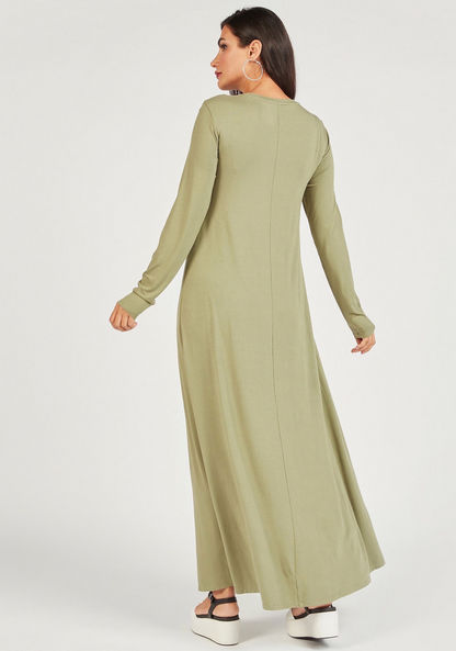 Solid Maxi A-line Dress with Crew Neck and Long Sleeves-Dresses-image-3