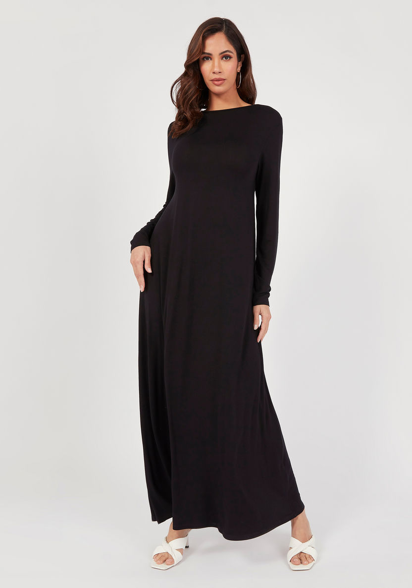 Solid Maxi A-line Dress with Crew Neck and Long Sleeves-Dresses-image-2