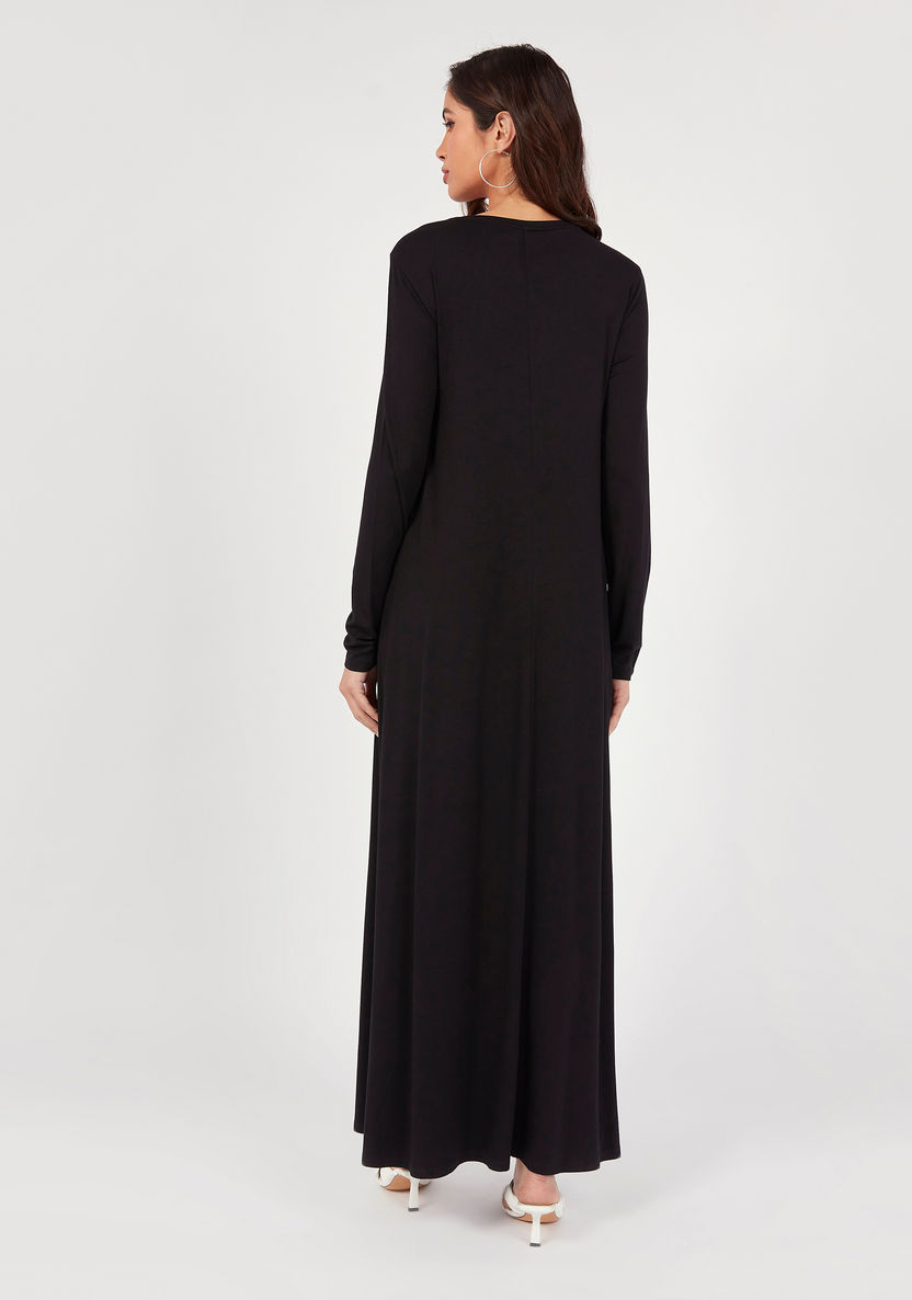 Solid Maxi A-line Dress with Crew Neck and Long Sleeves-Dresses-image-3