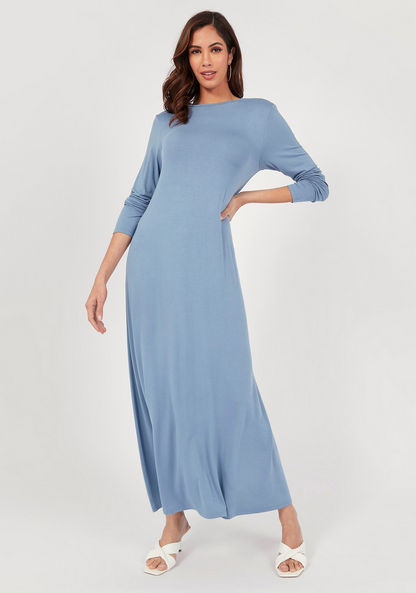 Solid Maxi A-line Dress with Crew Neck and Long Sleeves-Dresses-image-0