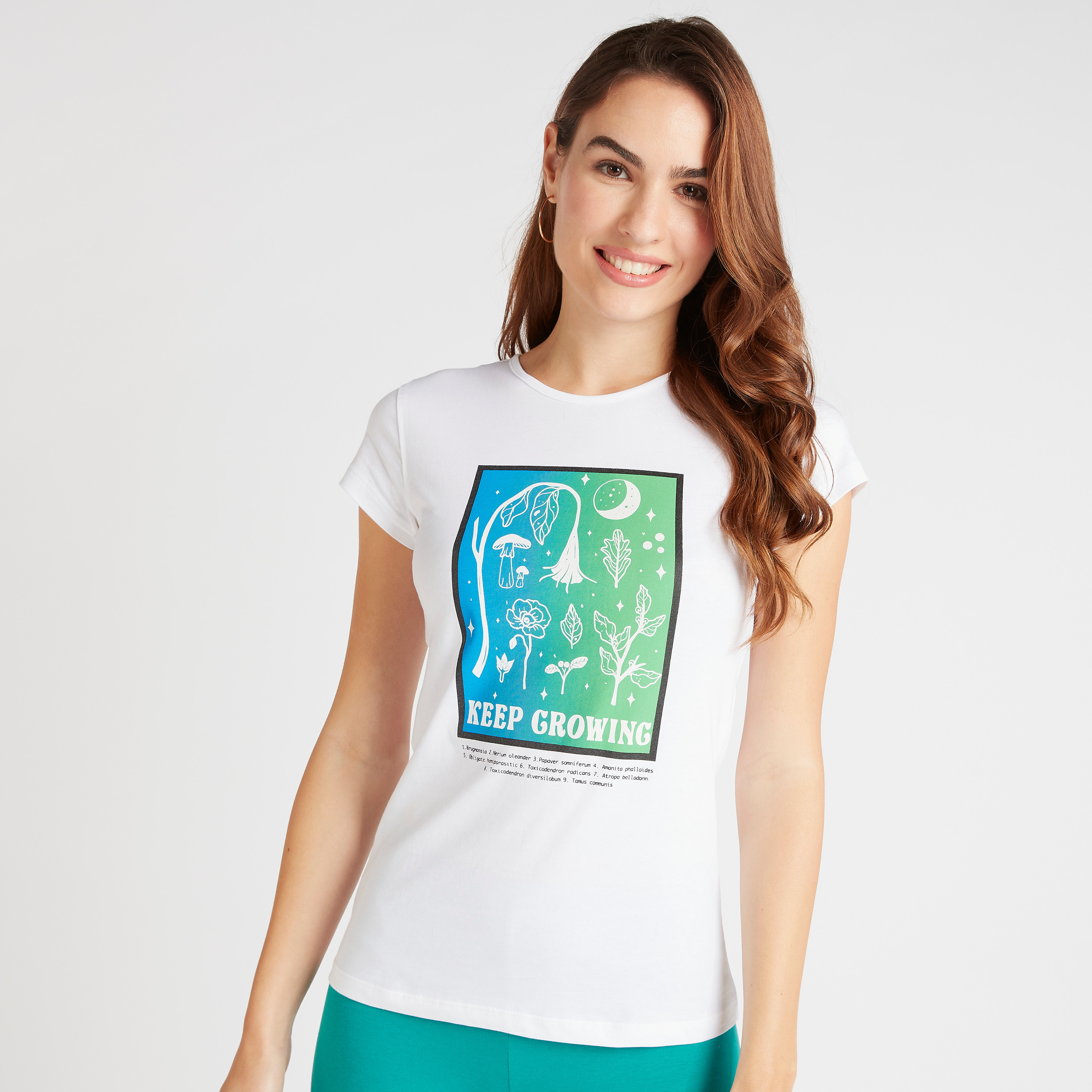 Graphic Print Round Neck T-shirt with Cap Sleeves-women-clothing-tshirts-image-1