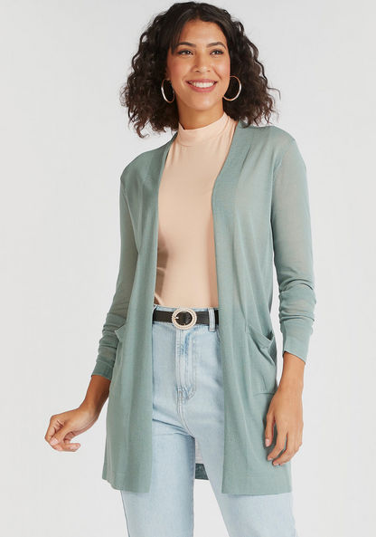 Solid Open Front Shrug with Pocket and Long Sleeves-Cardigans-image-0