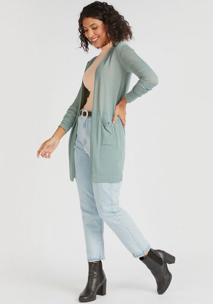 Solid Open Front Shrug with Pocket and Long Sleeves-Cardigans-image-1