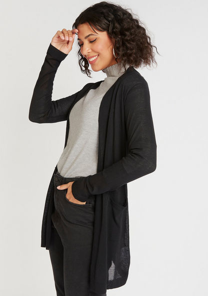 Solid Open Front Shrug with Pocket and Long Sleeves-Cardigans-image-0