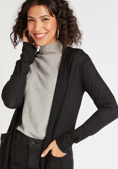 Solid Open Front Shrug with Pocket and Long Sleeves-Cardigans-image-4