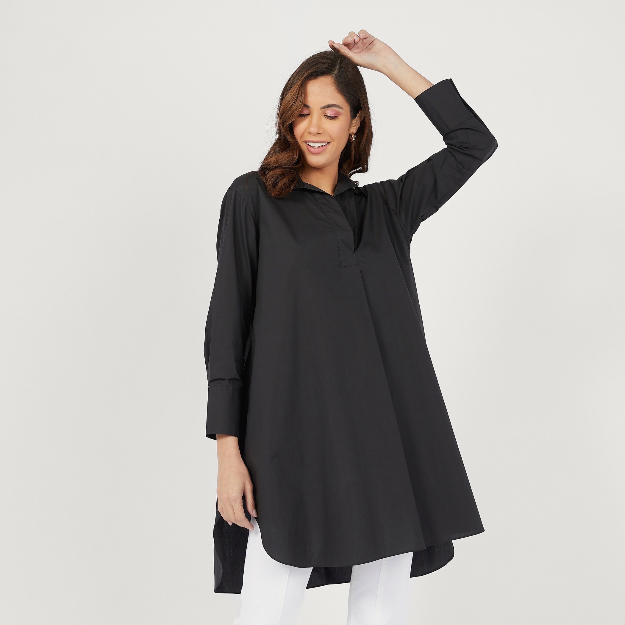 تونيك قميص سادة بطول غير متساوي وأكمام طويلة وأزرار إغلاق-women-clothing-shirtsandblouses-shirts-image-6