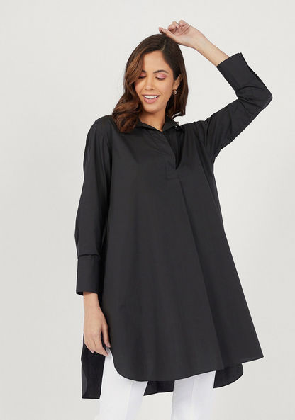 Solid High Low Shirt Tunic with Button Closure and Long Sleeves-Shirts & Blouses-image-0