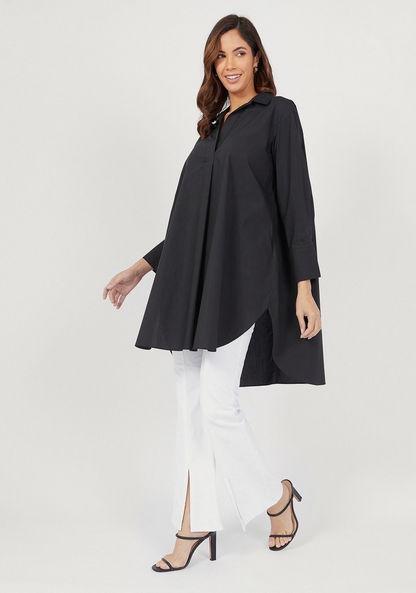 Solid High Low Shirt Tunic with Button Closure and Long Sleeves-Shirts & Blouses-image-1