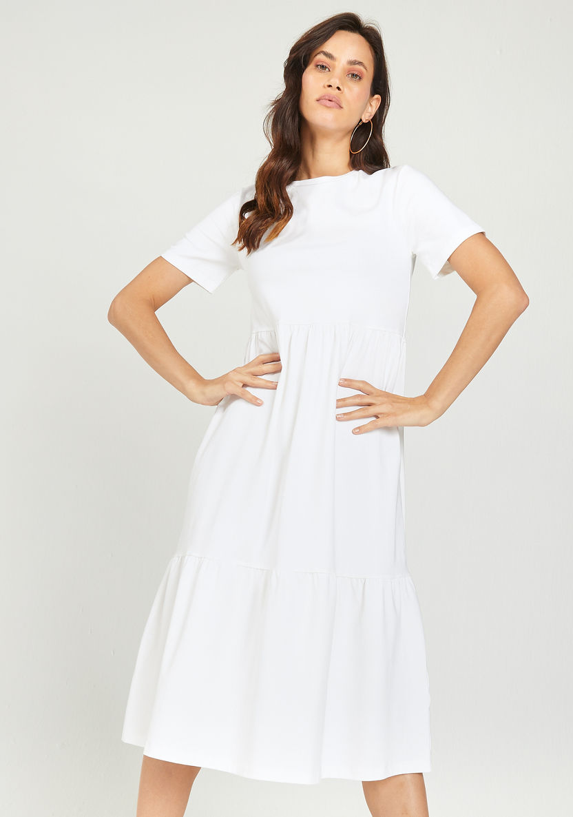 Solid Midi A-line Dress with Tiers and Short Sleeves-Dresses-image-0