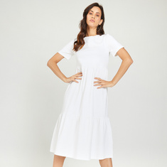 Solid Midi A-line Dress with Tiers and Short Sleeves