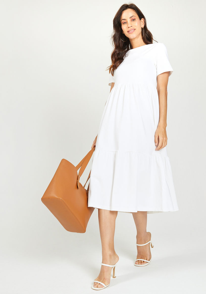 Solid Midi A-line Dress with Tiers and Short Sleeves-Dresses-image-1
