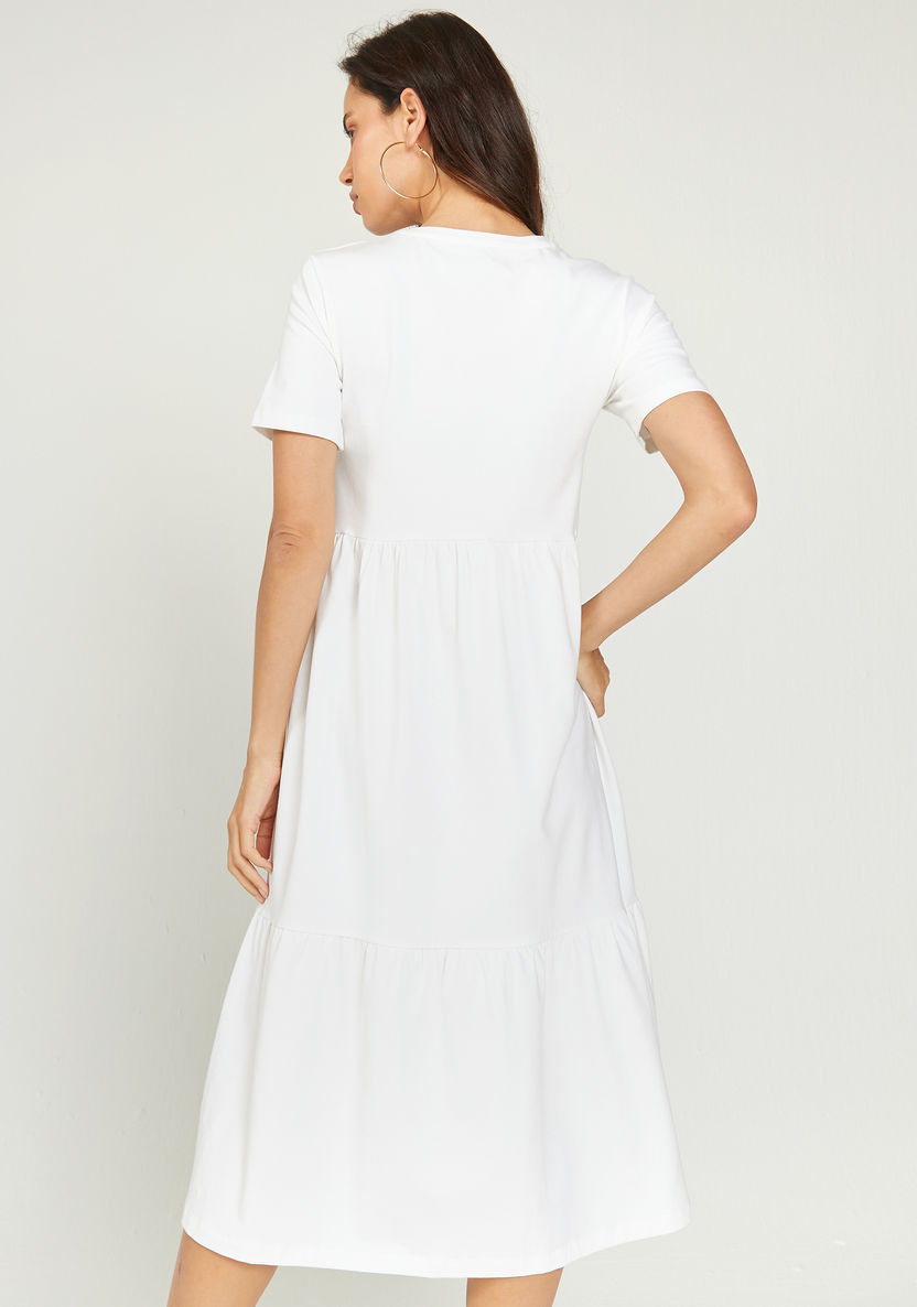 Solid Midi A-line Dress with Tiers and Short Sleeves-Dresses-image-3