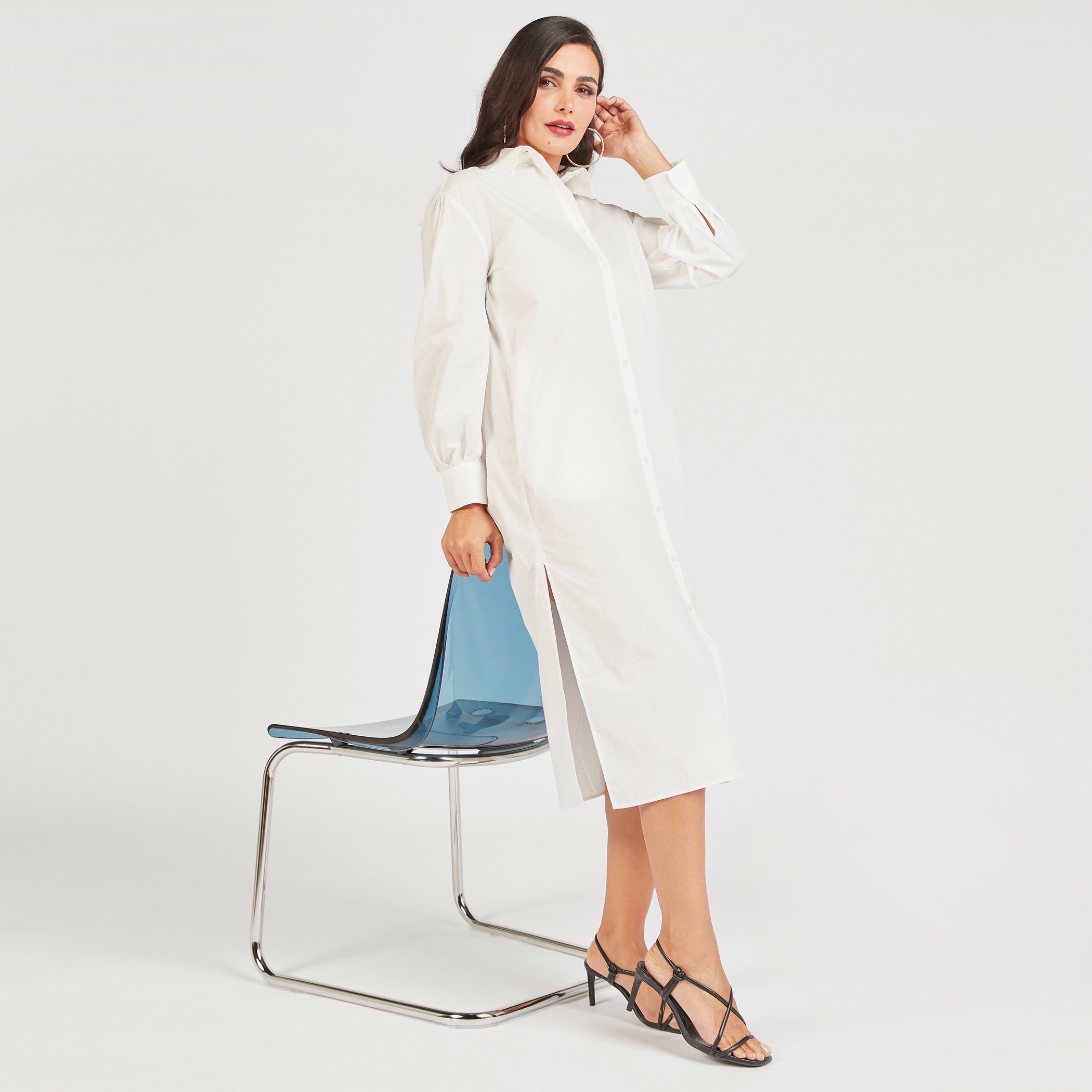 فستان قميص سادة بأكمام طويلة وجيوب-women-clothing-dresses-image-20