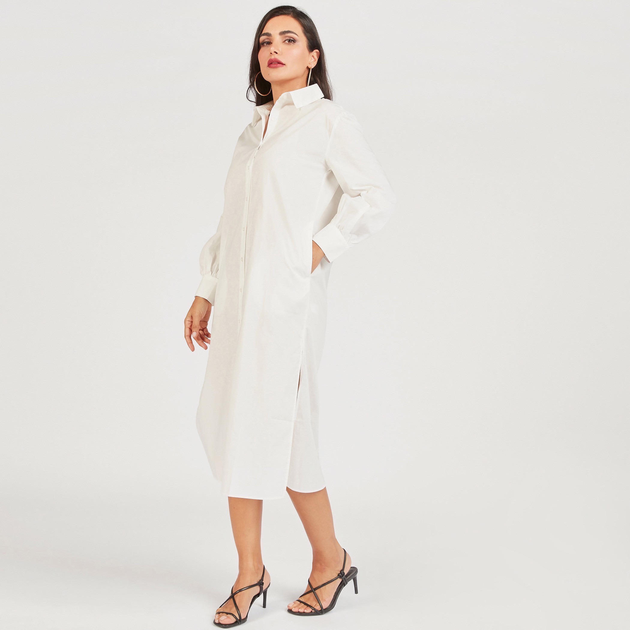 فستان قميص سادة بأكمام طويلة وجيوب-women-clothing-dresses-image-25