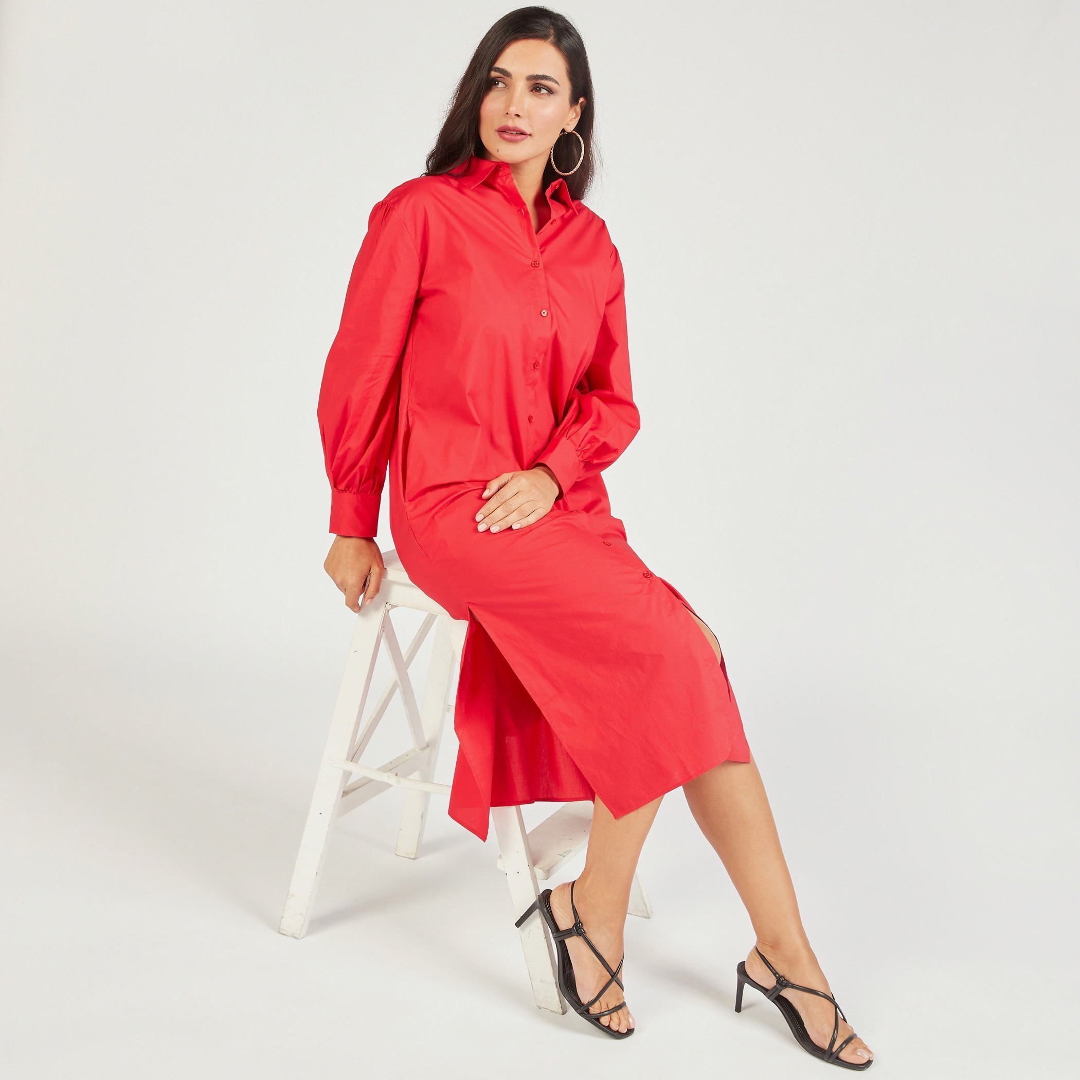فستان قميص سادة بأكمام طويلة وجيوب-women-clothing-dresses-image-26