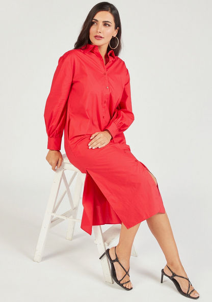 Solid Long Sleeve Shirt Dress with Slit and Pockets-Dresses-image-0