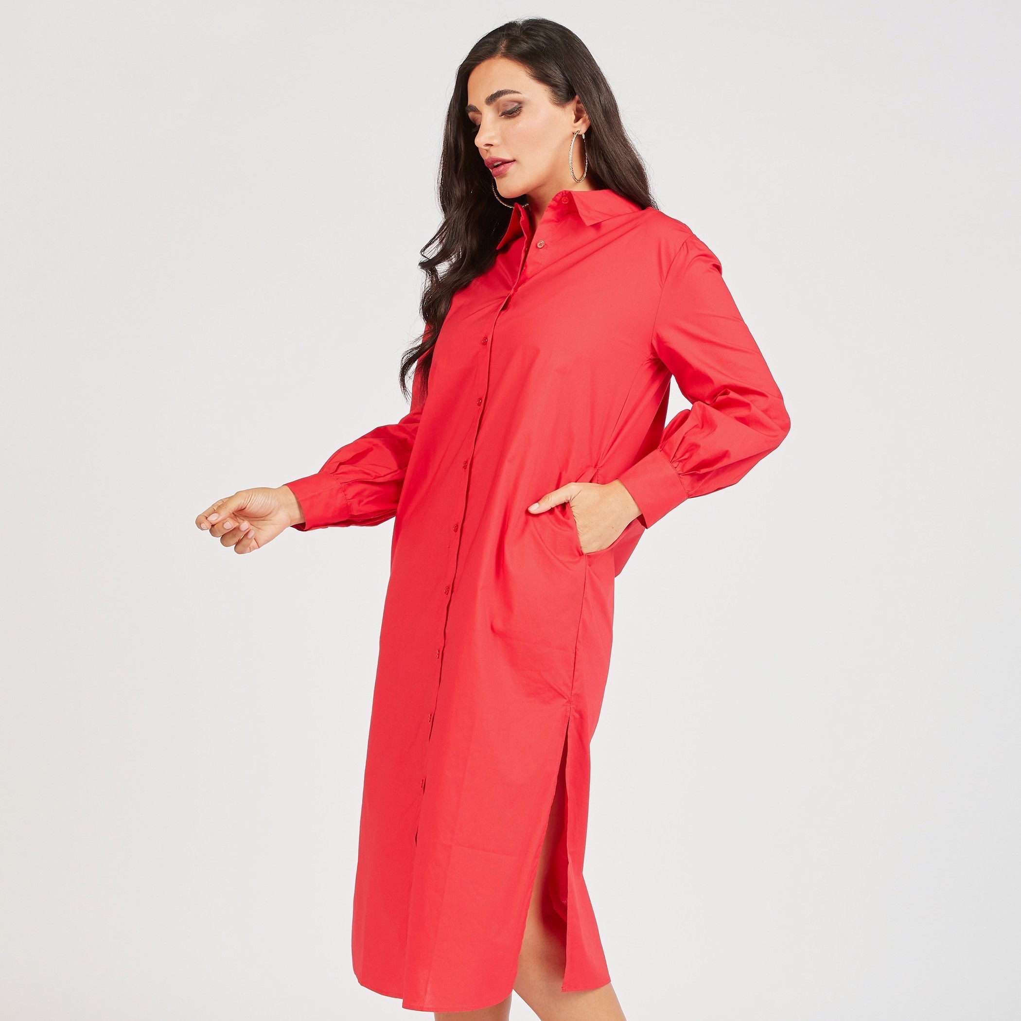فستان قميص سادة بأكمام طويلة وجيوب-women-clothing-dresses-image-27