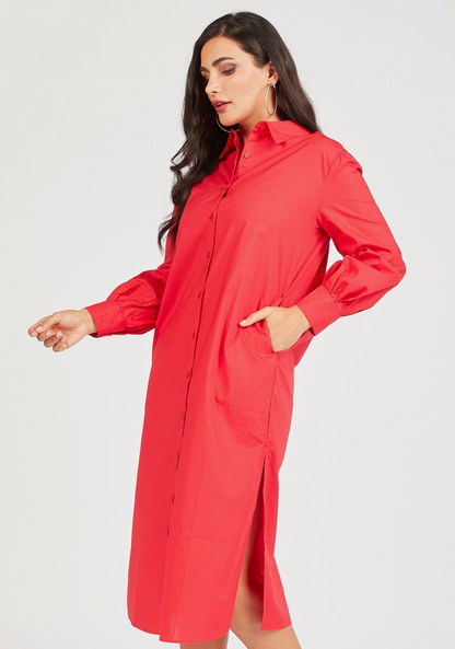 Solid Long Sleeve Shirt Dress with Slit and Pockets-Dresses-image-1