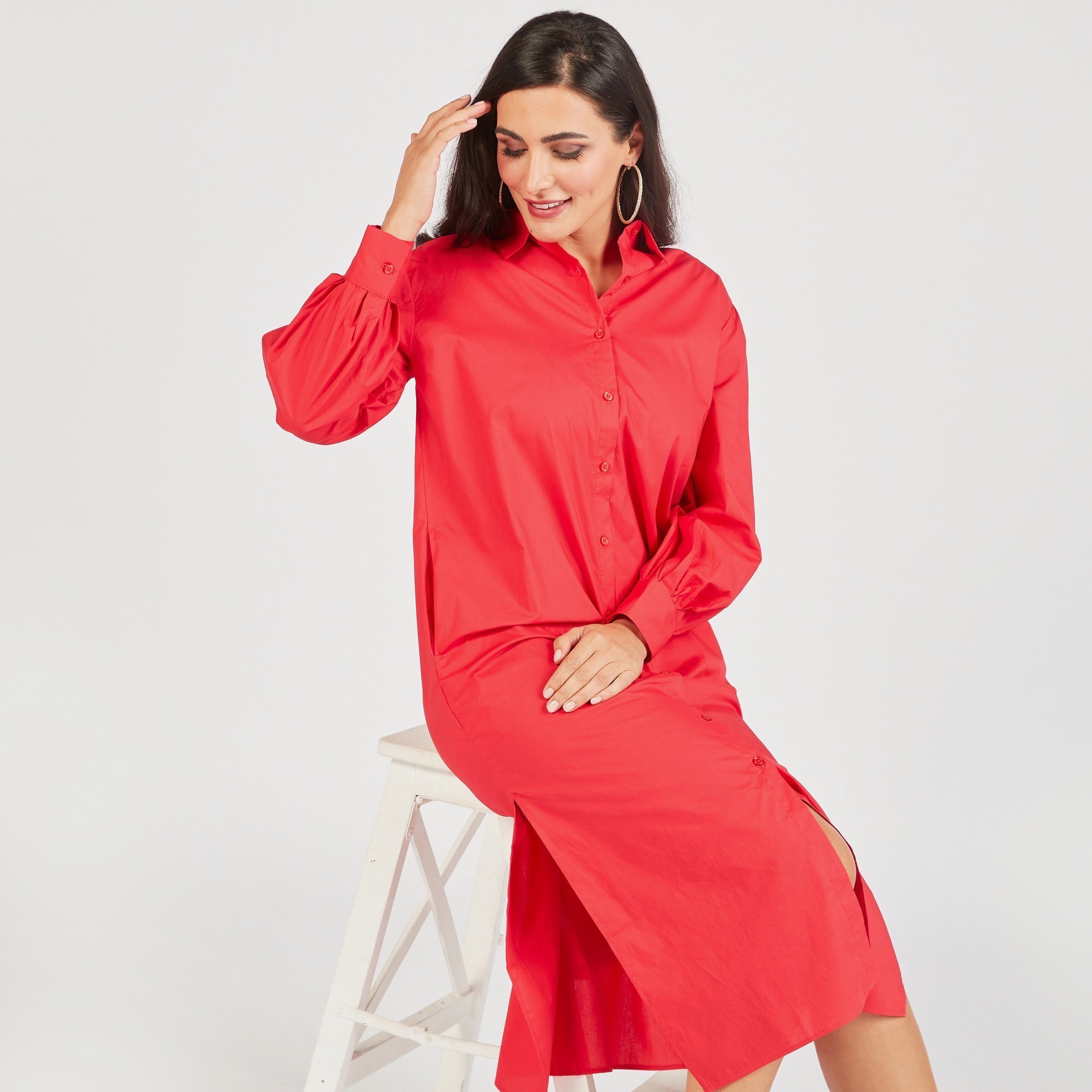 فستان قميص سادة بأكمام طويلة وجيوب-women-clothing-dresses-image-30